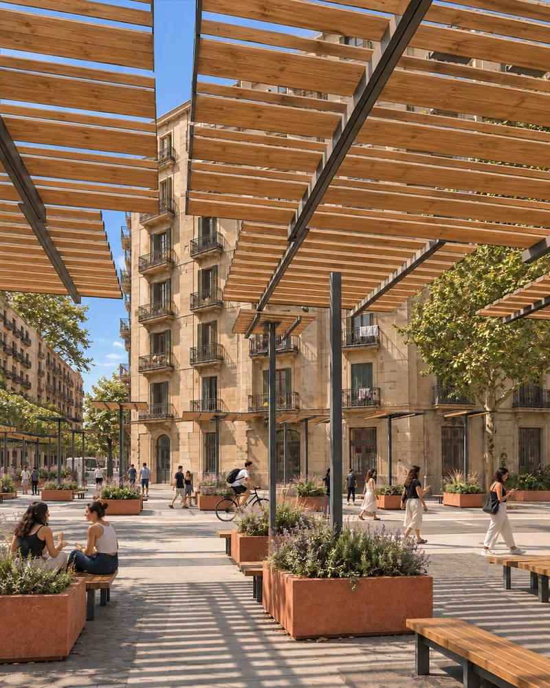 Eye-level view from under a slatted timber canopy at the car-free junction.