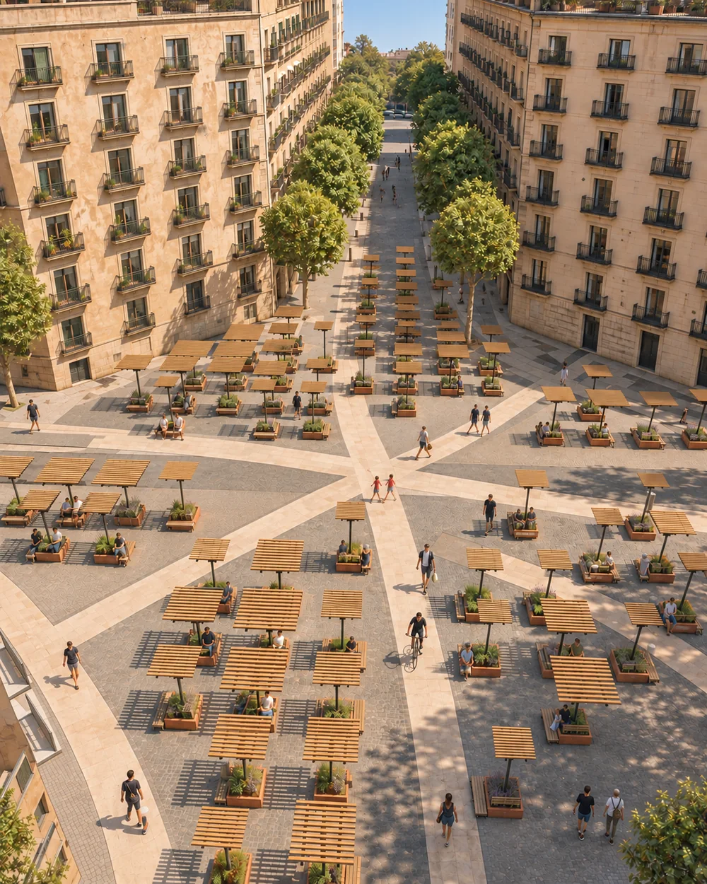 The same junction as an AI-assisted concept image: pale paths cross it with no furniture on them, and square timber canopies on single posts gather in the corners between the paths.