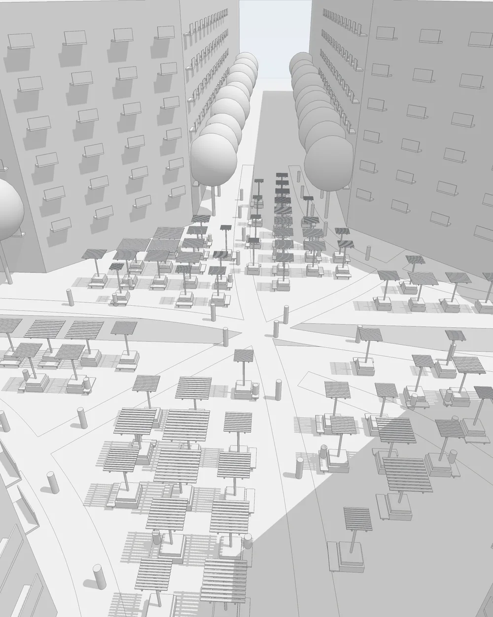 Grey clay model of the junction with square canopies between its paths, seen from a low drone.