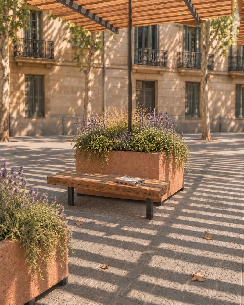 Detail of one movable module: a planter on forklift feet, a steel post and a timber bench.