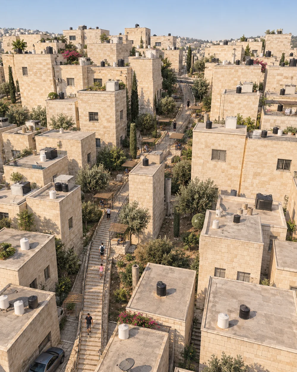 The same stairway as an AI-assisted concept image: limestone houses on a hillside, and small landings with timber canopies beside the stair, closer together where it is steepest.