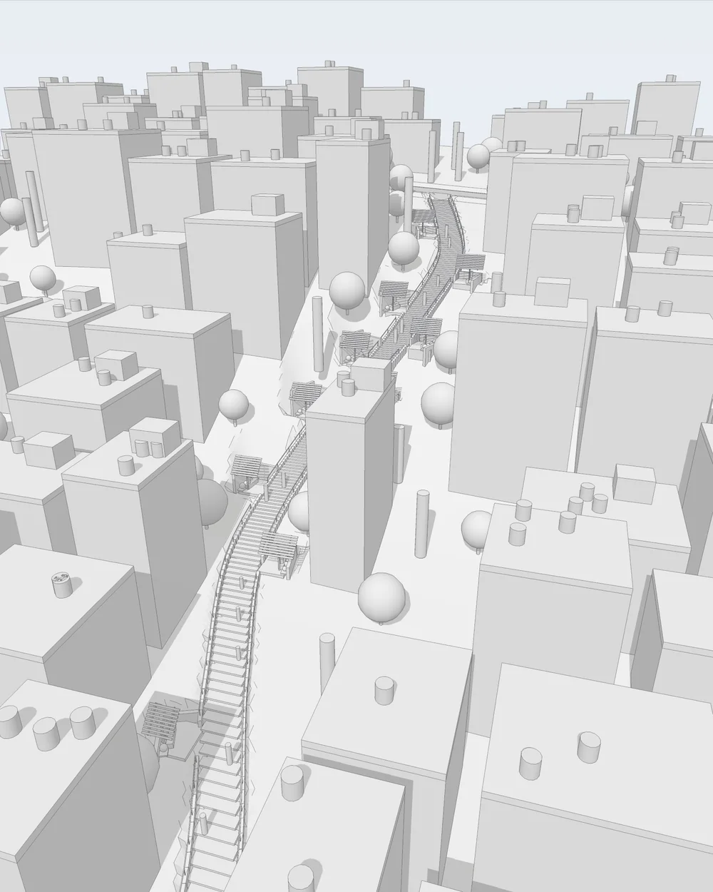 Grey clay model of the hillside stairway with landings and canopies beside it, seen from a low drone.