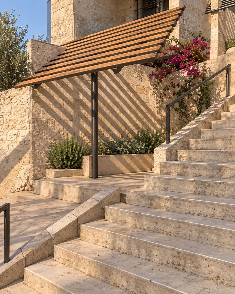 Detail of one rest landing: a limestone bench, planting and a tilted slatted canopy on one steel post.