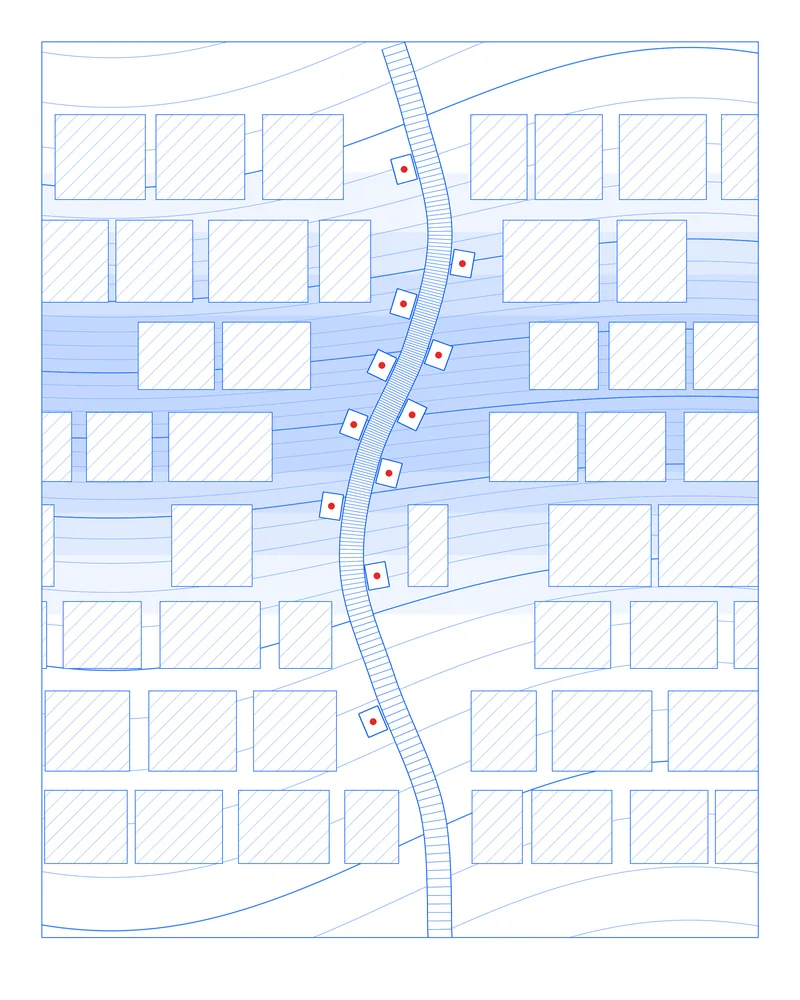 Line drawing of the rule: the steeper the slope, the closer together the landings, each marked with a red dot.