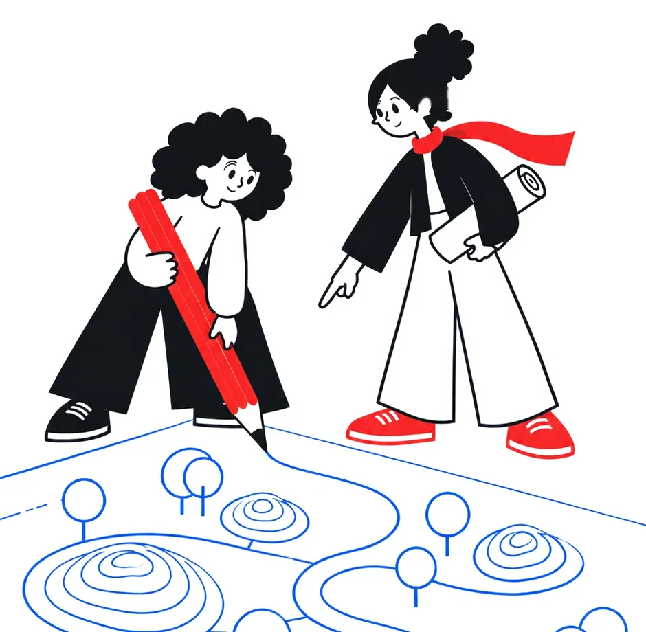 Mira and Lino, the two Revak characters, drawing a blue landscape plan with a giant red pencil.