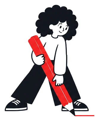 Lino drawing a line with a giant red pencil.