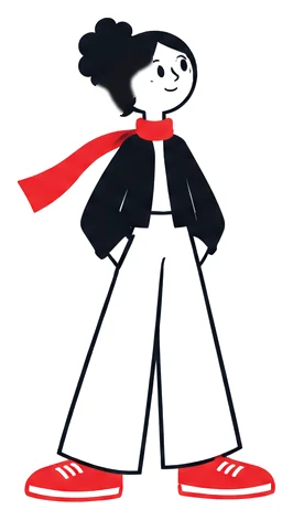 Mira, a character in a black jacket, white trousers, red scarf and red shoes.