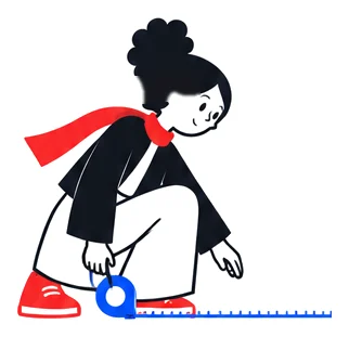 Mira kneeling to measure the ground with a tape.