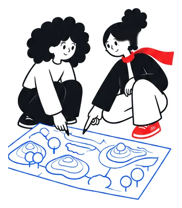 Mira and Lino crouching over a blue site plan, pointing at it.
