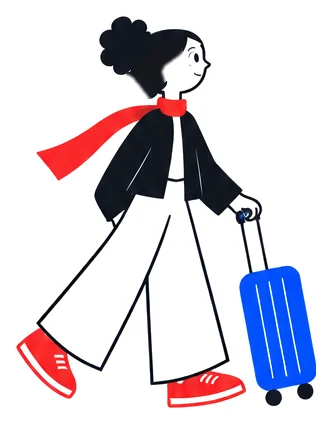 Mira walking with a blue suitcase.