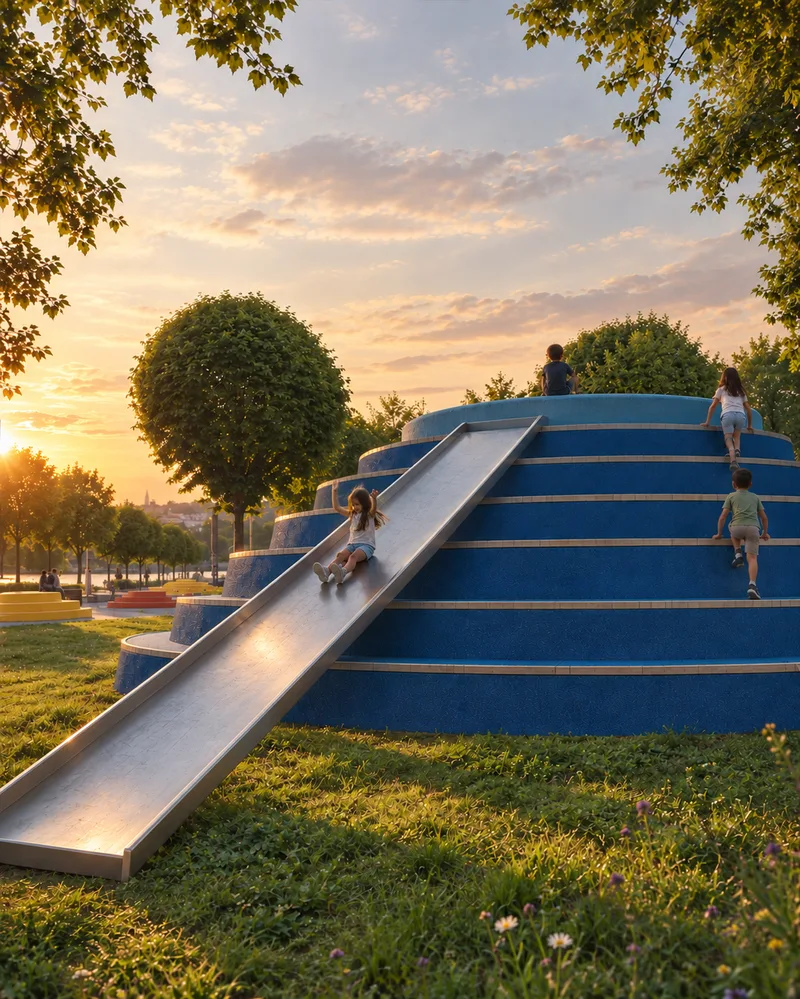 Eye-level view: a child slides down the tallest blue hill.